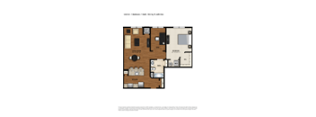 A floor plan of a one bedroom apartment with a living room, kitchen, bathroom, and bedroom.