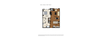 A floor plan of a one bedroom apartment with a living room, kitchen, bathroom, and bedroom.
