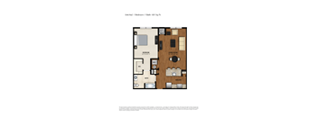 A floor plan of a one bedroom apartment with a bath and kitchen.
