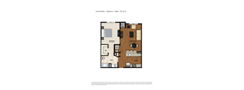 A floor plan of a one bedroom apartment with a living room, kitchen, bathroom, and bedroom.