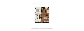 A floor plan of a one bedroom apartment with a living room, kitchen, bathroom, and bedroom.