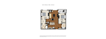 A floor plan of a 2 bedroom apartment with 2 bathrooms.