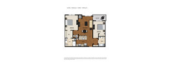 A floor plan of a 2 bedroom, 2 bathroom apartment.