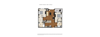 A floor plan of a 1,058 square foot apartment with two bedrooms and two bathrooms.