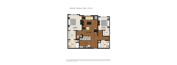 A floor plan of a 1,132 square foot, two bedroom, two bathroom apartment.