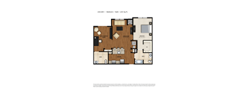 A floor plan of a one bedroom apartment with a bathroom and kitchen.