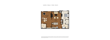 A floor plan of a one bedroom apartment with a living room, kitchen, and bathroom.