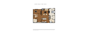 A floor plan of a one bedroom apartment with a living room, kitchen, and bathroom.