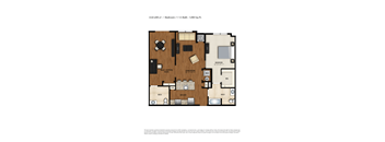 A floor plan of a one bedroom apartment with a living room, kitchen, and bathroom.