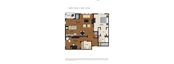 A floor plan of a one bedroom apartment with a living room, kitchen, bathroom, and bedroom.