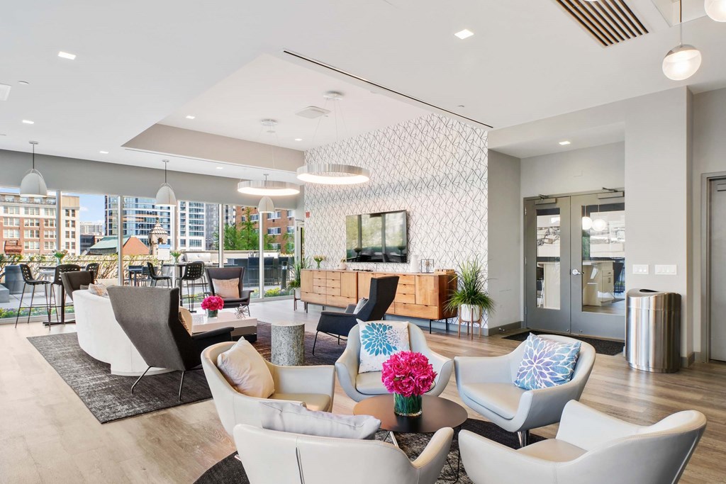 A modern living room with a view of the city.