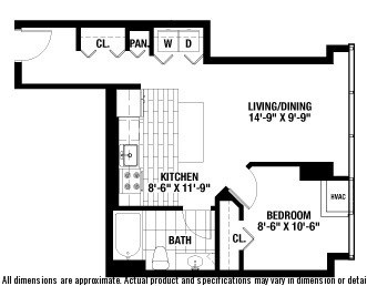 A floor plan of a small apartment with a living/dining area, kitchen, and bedroom.