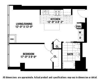 A black and white image of a floor plan for a house with a living/dining area, kitchen, bedroom, and bathroom.