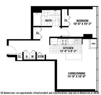 A black and white image of a floor plan for a home with a living/dining area, kitchen, bedroom, and bathroom.