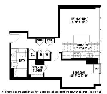 A floor plan of a home with a living/dining area, kitchen, bath, walk-in closet, and bedroom.