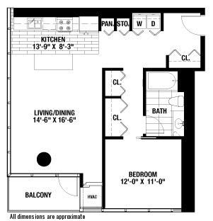 A black and white image of a floor plan for a home with a kitchen, living/dining area, bathroom, bedroom, and balcony.