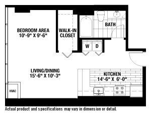 A floor plan of a home with a living/dining area, kitchen, bath, and bedroom.