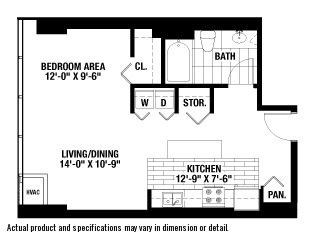 A floor plan of a room with a bed, a closet, a bathroom, a storage area, a living/dining area, a kitchen, and a pantry.