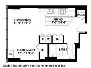 A floor plan of a home with a living/dining area, kitchen, bedroom area, and bathroom.