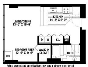 A floor plan of a small apartment with a living/dining area, kitchen, bedroom area, bath, and walk-in closet.