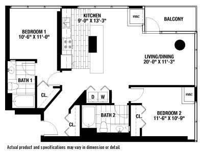 A black and white image of a floor plan for a home with two bedrooms, two bathrooms, a living/dining area, and a kitchen.