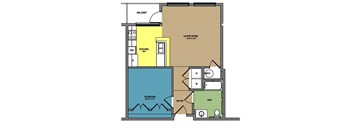 A floor plan of a house with a living room, kitchen, and bedroom.