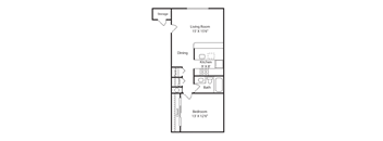 A floor plan of a room with a bedroom, living room, kitchen, dining area, and storage space.