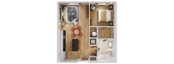 A top-down view of a room with a wooden floor and furniture.
