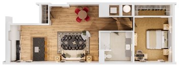 A cutaway view of a house showing the interior of a living room, kitchen, and bathroom.