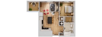 A top-down view of a room with a kitchen, living room, and bathroom.