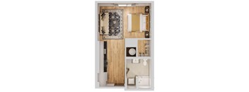 A top-down view of a small apartment with a kitchen, living room, and bathroom.