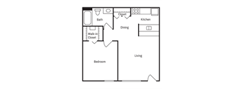 A floor plan of a small apartment with a bedroom, living room, kitchen, dining room, and bathroom.