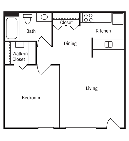 A floor plan of a small apartment with a bedroom, living room, kitchen, dining room, and bathroom.
