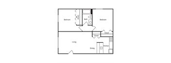 A floor plan of a home with two bedrooms, a living room, a dining room, a kitchen, and two closets.