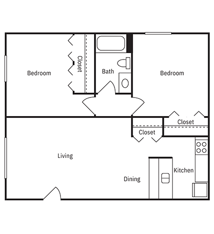 A floor plan of a home with two bedrooms, a living room, a dining room, a kitchen, and two closets.