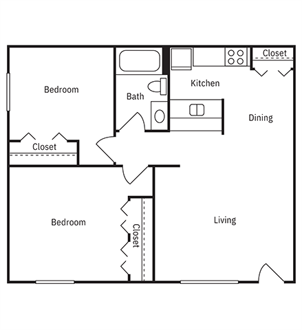 A simple black and white drawing of a house layout.