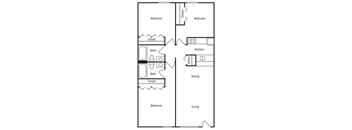 A floor plan of a house with two bedrooms, a living room, a dining room, a kitchen, and two bathrooms.