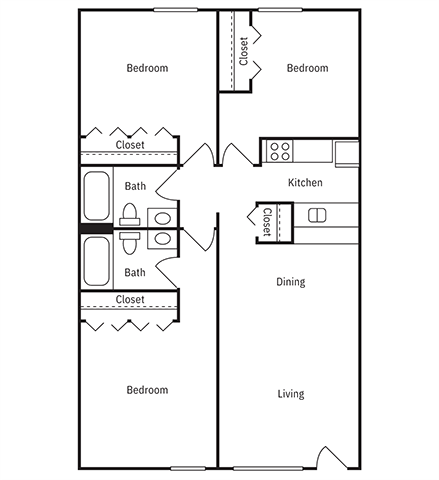 A floor plan of a house with two bedrooms, a living room, a dining room, a kitchen, and two bathrooms.