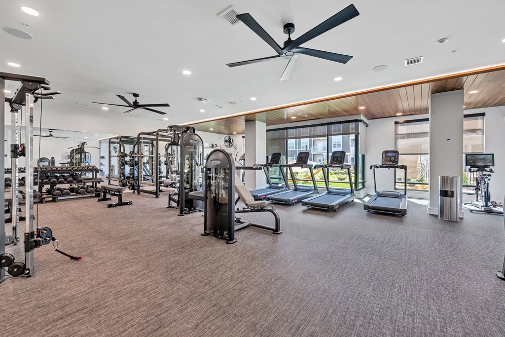 A spacious gym with a variety of equipment including treadmills, weights, and a rowing machine.