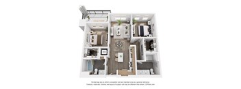 A 3D floor plan of a small apartment with a kitchen, living room, and bathroom.