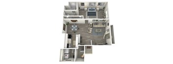 A 3D rendered image of a house layout.