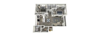 A 3D rendered image of a house layout.