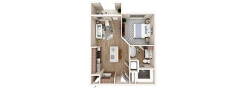 A 3D floor plan of a small apartment with a bedroom, living room, kitchen, and bathroom.