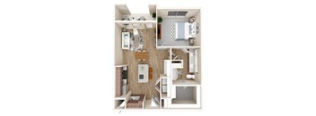 A 3D floor plan of a small apartment with a kitchen, living room, and bathroom.