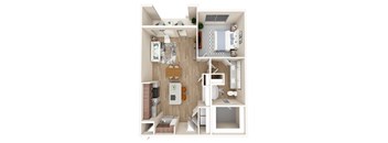 A 3D floor plan of a small apartment with a kitchen, living room, and bathroom.