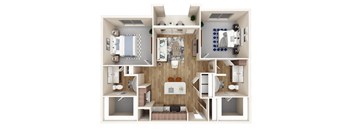 A 3D floor plan of a small apartment with a kitchen, living room, and bathroom.