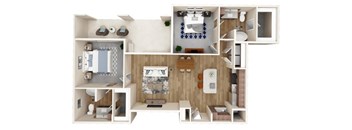 A 3D floor plan of a house showing a kitchen, living room, and two bedrooms.