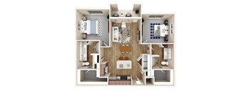 A 3D floor plan of a small apartment with a kitchen, living room, and bathroom.