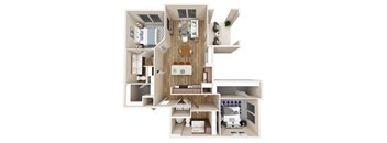 A 3D floor plan of a small apartment with a kitchen, living room, and bedrooms.