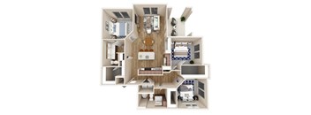 A 3D floor plan of a small apartment with a kitchen, living room, and bedrooms.